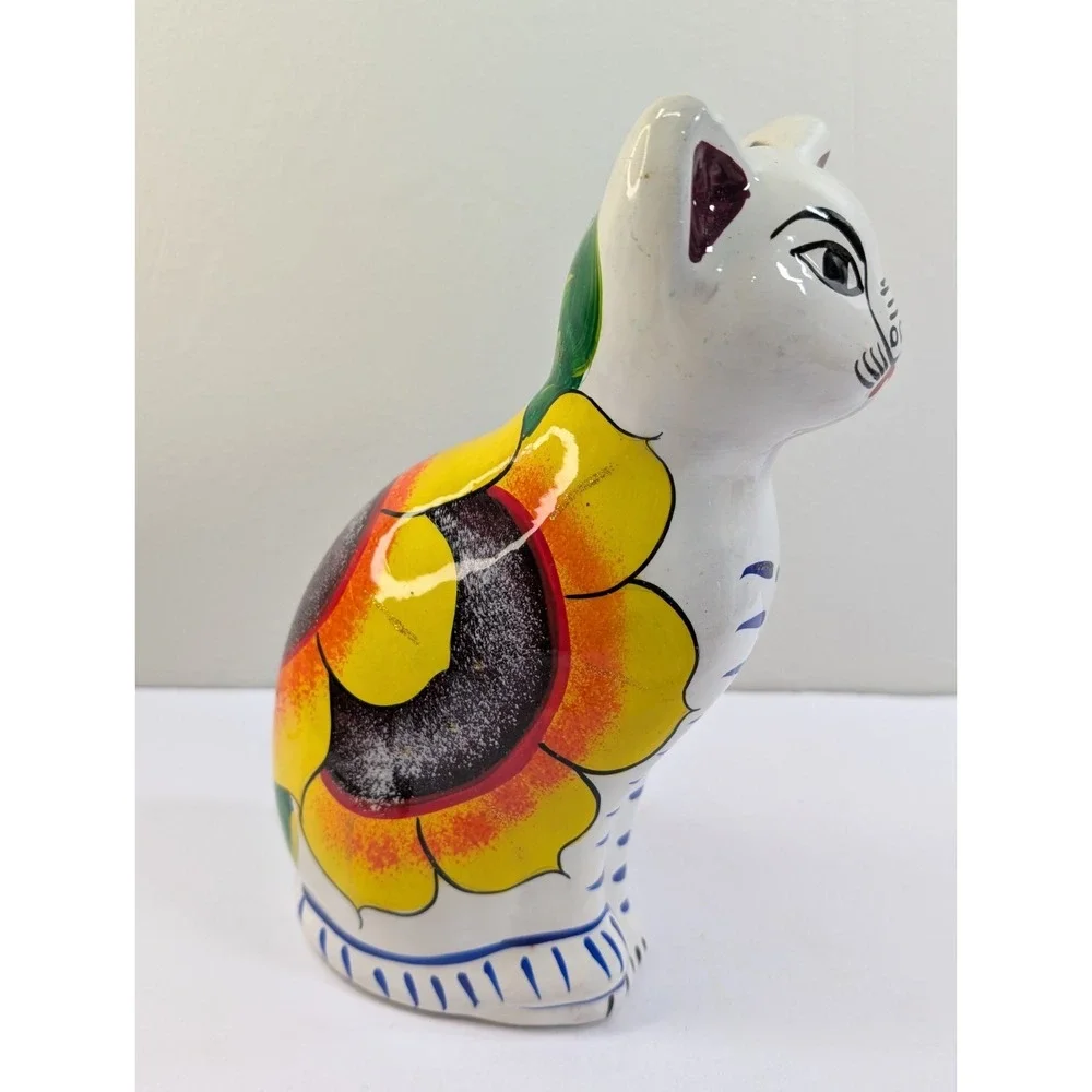 Vintage 80s Folk Art Ceramic Cat Figure 8 1/2 In
